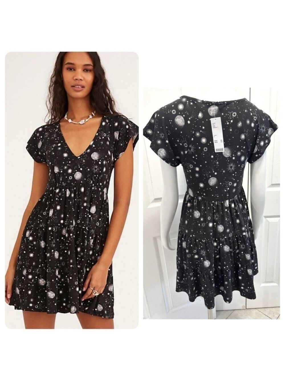 NWT Urban Outfitters Julia Tiered Frock Mini Dress Celestial Moon Stars Small